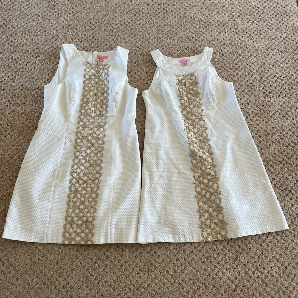 2 Lilly Pulitzer white sleeveless dresses with gold trim
